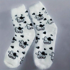 Cow Spots Print Socks Thickened Warm Coral Fleece Stockings