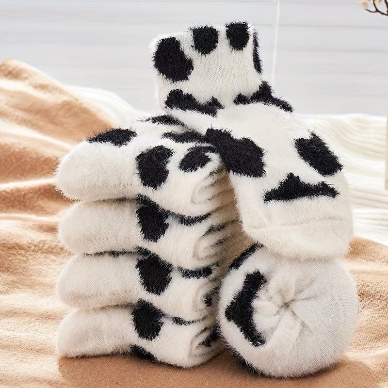 Cow Spots Print Socks Thickened Warm Coral Fleece Stockings