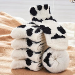 Cow Spots Print Socks Thickened Warm Coral Fleece Stockings