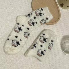 Cow Spots Print Socks Thickened Warm Coral Fleece Stockings