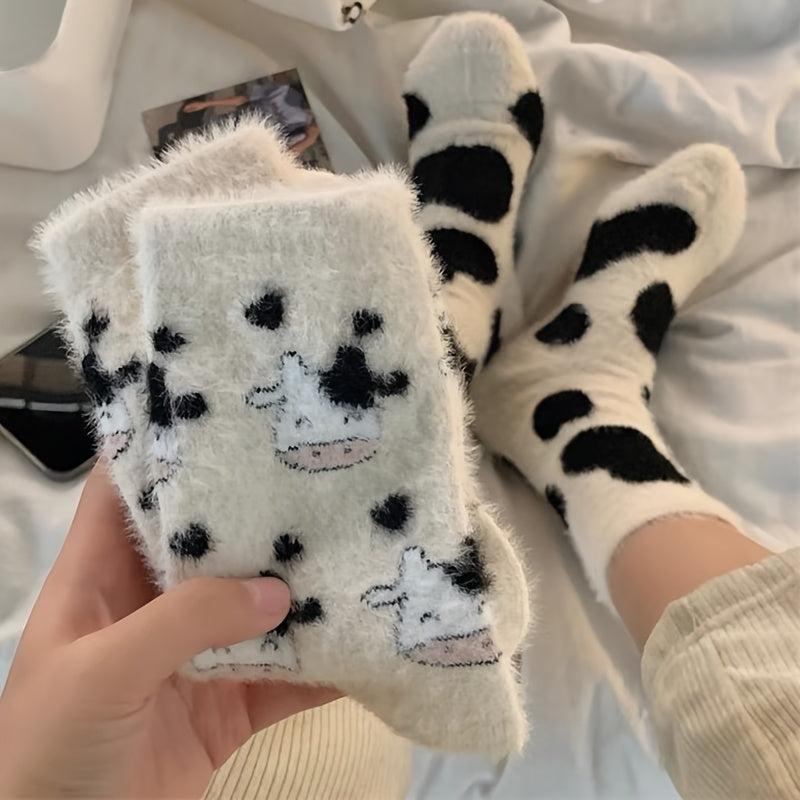 Cow Spots Print Socks Thickened Warm Coral Fleece Stockings