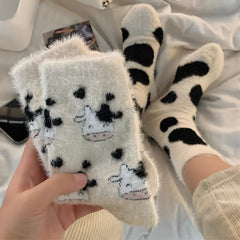 Cow Spots Print Socks Thickened Warm Coral Fleece Stockings