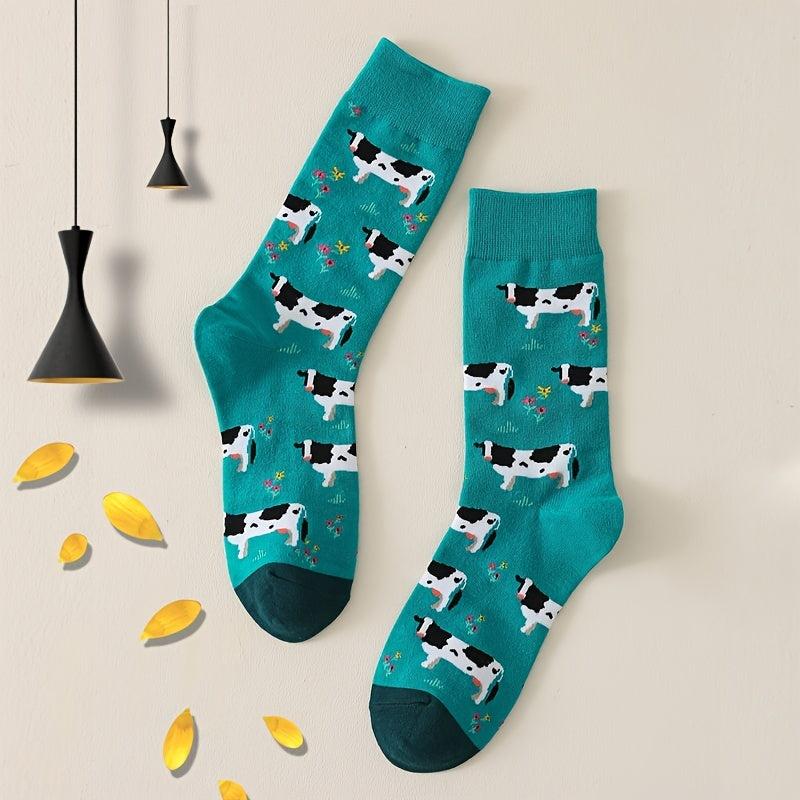 Women's Cow Print Crew Socks Breathable Mid Tube Stockings