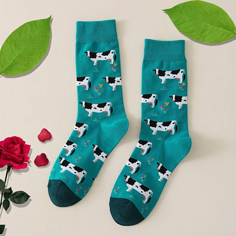 Women's Cow Print Crew Socks Breathable Mid Tube Stockings