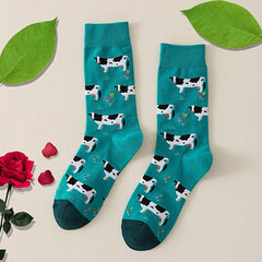 Women's Cow Print Crew Socks Breathable Mid Tube Stockings