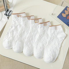 5 Pairs 3D Textured Short Socks & Comfy Embroidery Crew Socks Women's Stockings