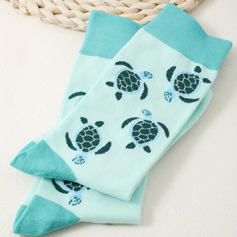 Cartoon Turtle Print Socks Cute & Cozy Mid Tube Women's Stockings