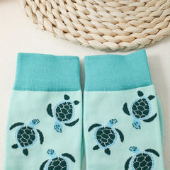 Cartoon Turtle Print Socks Cute & Cozy Mid Tube Women's Stockings