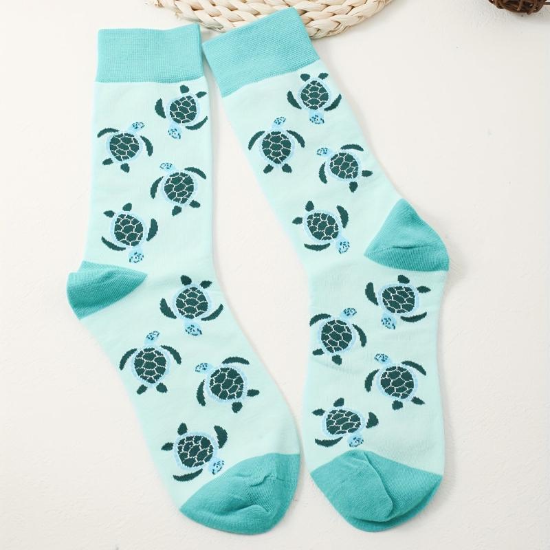Cartoon Turtle Print Socks Cute & Cozy Mid Tube Women's Stockings