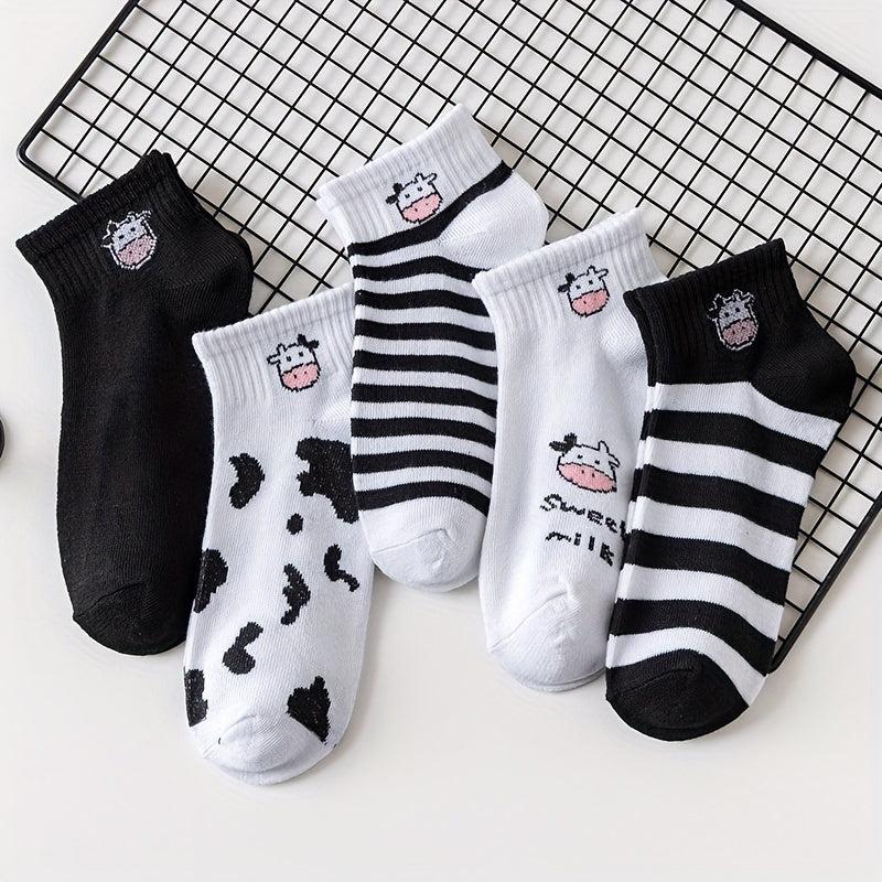 5 Pairs Cow Print Socks Comfy & Breathable Ankle Socks Women's Stockings