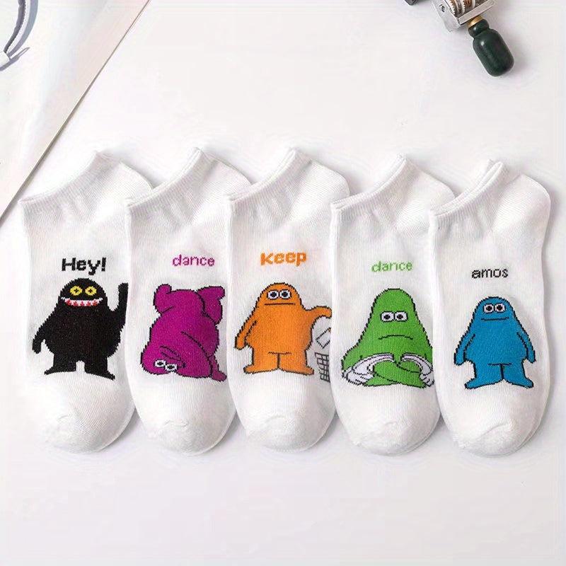 5 Pairs Cartoon Pattern Socks Womens Crew Ankle Stockings