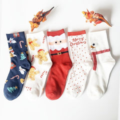 5 Pairs Christmas Print Socks Women's Comfy Cartoon Mid Tube Stockings