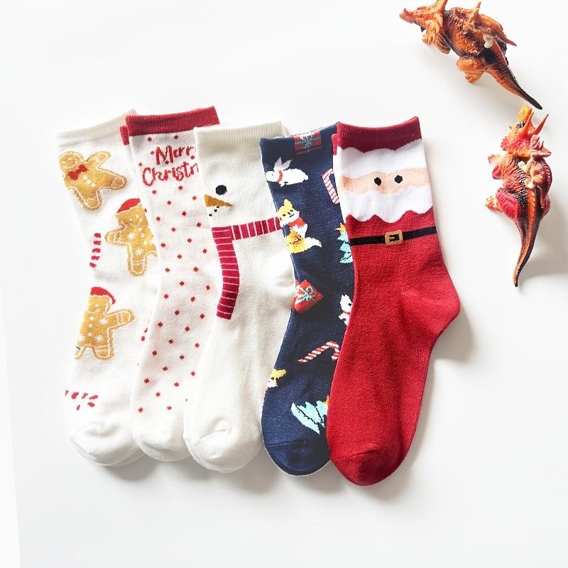 5 Pairs Christmas Print Socks Women's Comfy Cartoon Mid Tube Stockings
