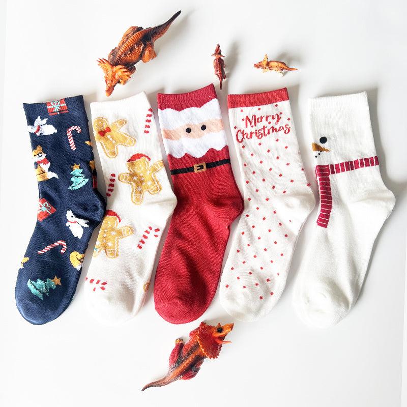 5 Pairs Christmas Print Socks Women's Comfy Cartoon Mid Tube Stockings