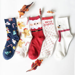 5 Pairs Christmas Print Socks Women's Comfy Cartoon Mid Tube Stockings