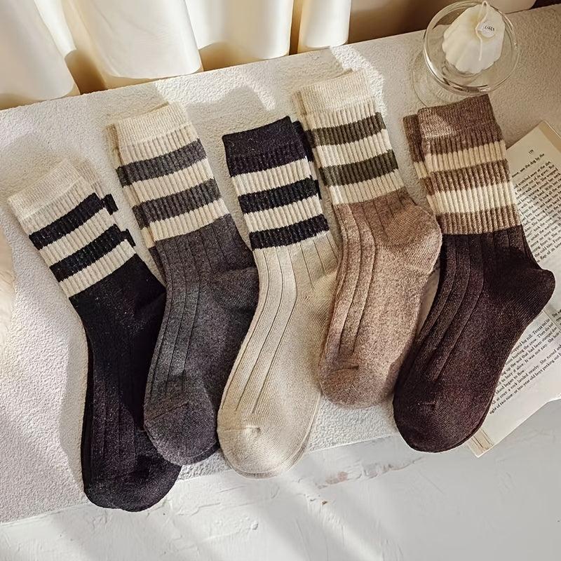 3 Pairs Striped Comfy Mid Tube Socks Warm Cotton Crew Length Stockings