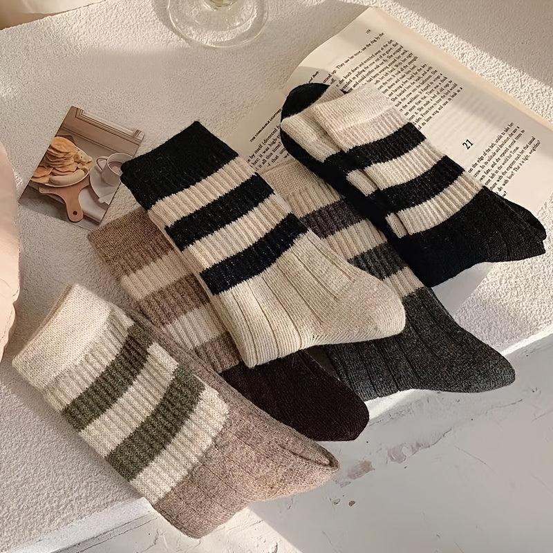 3 Pairs Striped Comfy Mid Tube Socks Warm Cotton Crew Length Stockings