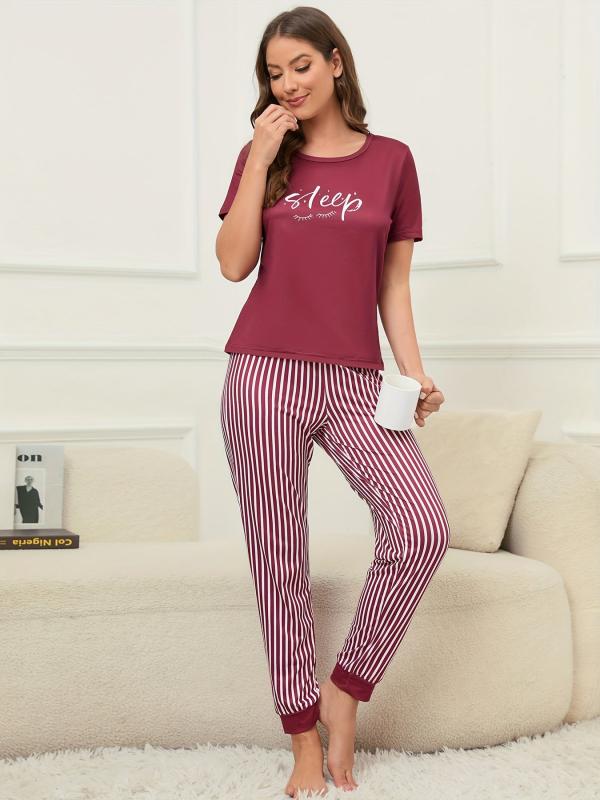 Letter Print Lounge Set Short Sleeve Top & Striped Pants Women's Loungewear