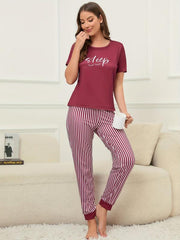 Letter Print Lounge Set Short Sleeve Top & Striped Pants Women's Loungewear