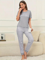 Letter Print Lounge Set Short Sleeve Top & Striped Pants Women's Loungewear