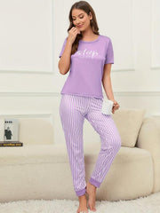 Letter Print Lounge Set Short Sleeve Top & Striped Pants Women's Loungewear