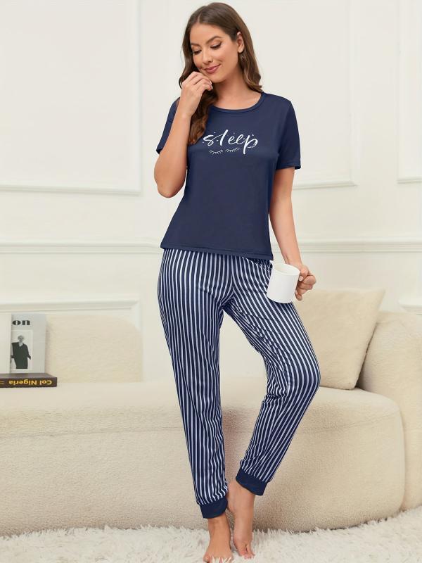 Letter Print Lounge Set Short Sleeve Top & Striped Pants Women's Loungewear