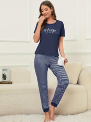 Letter Print Lounge Set Short Sleeve Top & Striped Pants Women's Loungewear