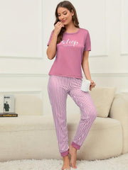 Letter Print Lounge Set Short Sleeve Top & Striped Pants Women's Loungewear