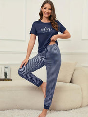 Letter Print Lounge Set Short Sleeve Top & Striped Pants Women's Loungewear
