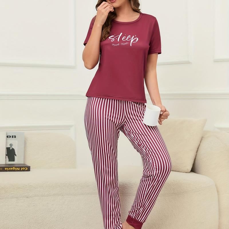 Letter Print Lounge Set Short Sleeve Top & Striped Pants Women's Loungewear