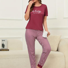 Letter Print Lounge Set Short Sleeve Top & Striped Pants Women's Loungewear