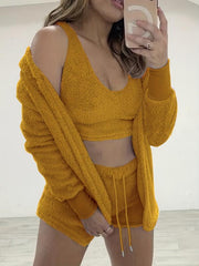 Cozy Fuzzy Lounge Set with Hooded Robe Tank Top & Shorts