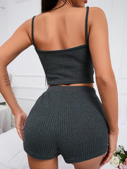 Ribbed Knit Lounge Set Cami Crop Top & Lace Up Shorts