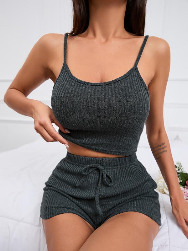 Ribbed Knit Lounge Set Cami Crop Top & Lace Up Shorts