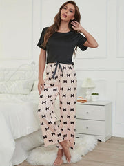 Bowknot Print Lounge Set Short Sleeve Top & Bow Long Pants Women's Loungewear