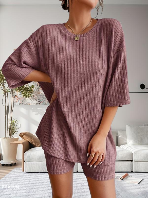 Solid Lounge Set Crew Neck Short Sleeve Top & Shorts Women's L