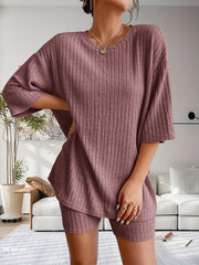 Solid Lounge Set Crew Neck Short Sleeve Top & Shorts Women's L