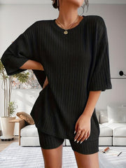 Solid Lounge Set Crew Neck Short Sleeve Top & Shorts Women's L