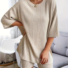 Solid Lounge Set Crew Neck Short Sleeve Top & Shorts Women's L