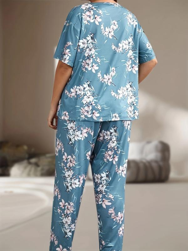 Floral Print Pajamas Set Short Sleeve Top & Pants