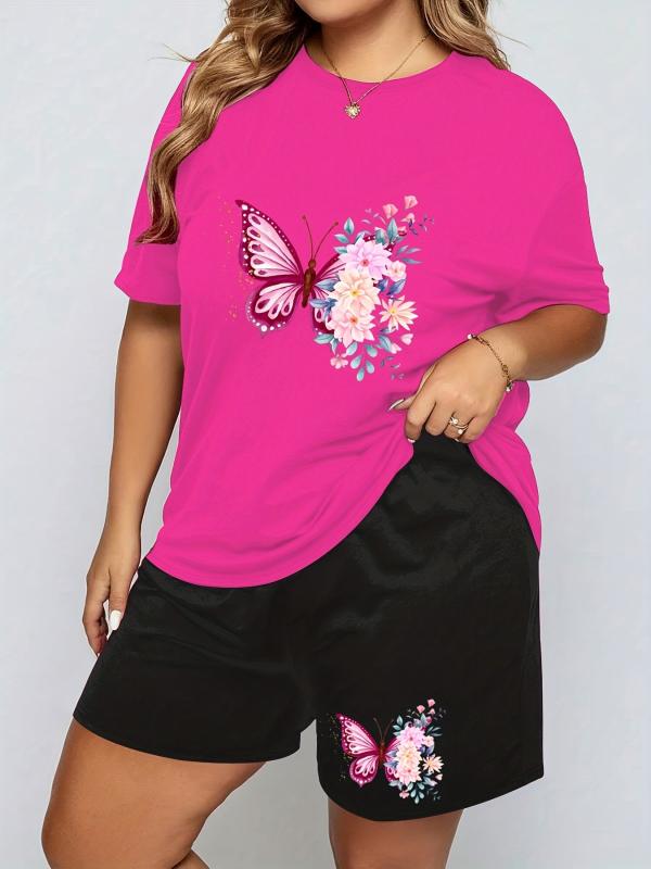 Floral Butterfly Print Tee & Shorts Pajama Set - Plus Size