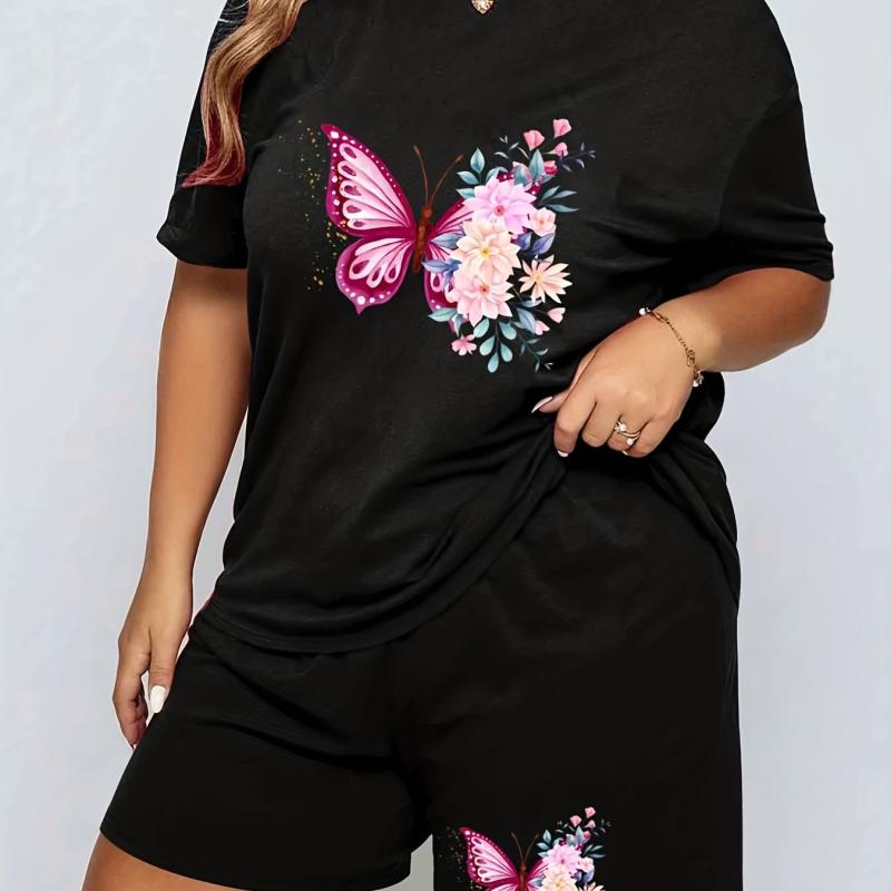 Floral Butterfly Print Tee & Shorts Pajama Set - Plus Size
