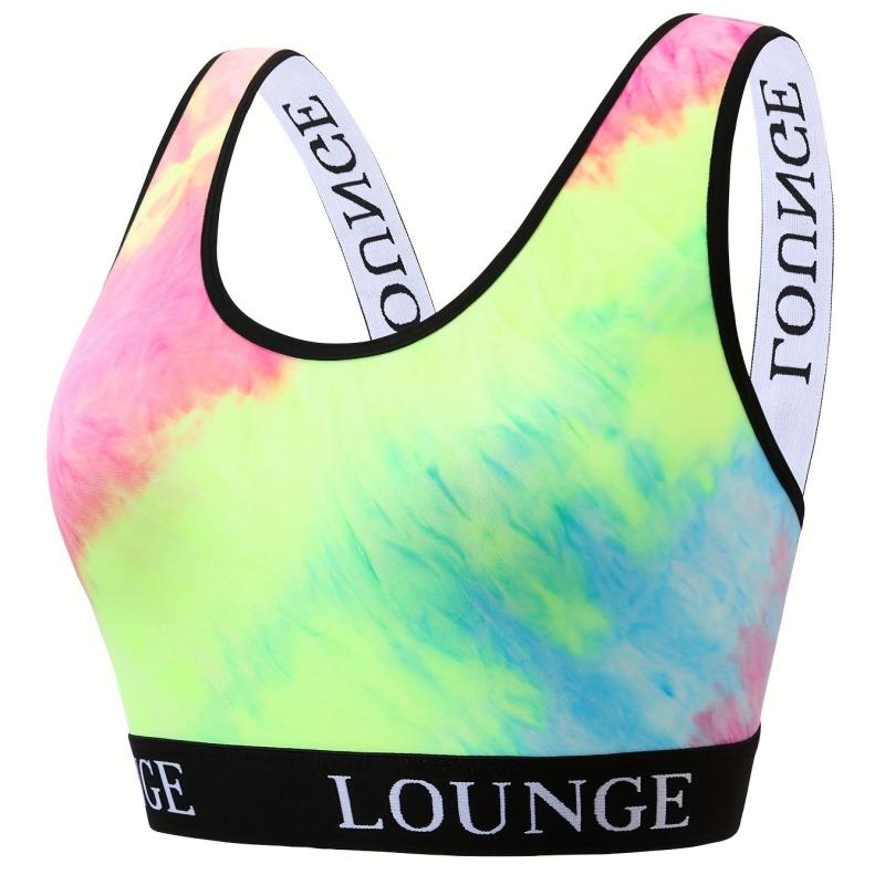 Sporty Bra Women's Plus Tie Dye Letter Tape Medium Stretch Wide Strap Soft Bra