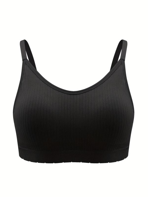 Sporty Bra Solid Ribbed Breathable Plus Size with Removable Pads