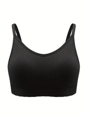 Sporty Bra Solid Ribbed Breathable Plus Size with Removable Pads