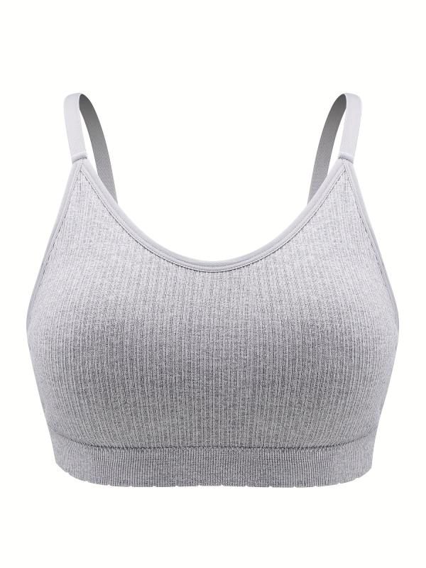 Sporty Bra Solid Ribbed Breathable Plus Size with Removable Pads