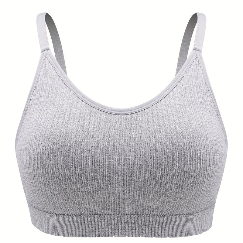 Sporty Bra Solid Ribbed Breathable Plus Size with Removable Pads