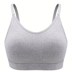 Sporty Bra Solid Ribbed Breathable Plus Size with Removable Pads