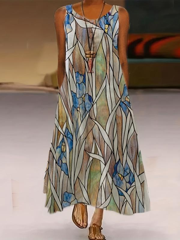 Flower & Leaf Print Plus Size Maxi Cami Dress With Pockets