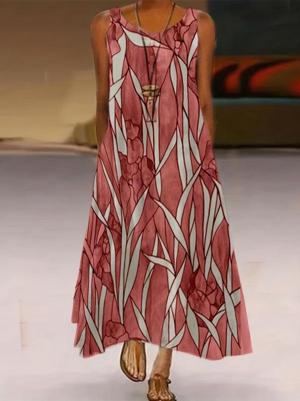 Flower & Leaf Print Plus Size Maxi Cami Dress With Pockets
